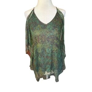 Ella Moss Women Green Silk Geometric Kaleidoscope Halter Cold Shoulder Top XS